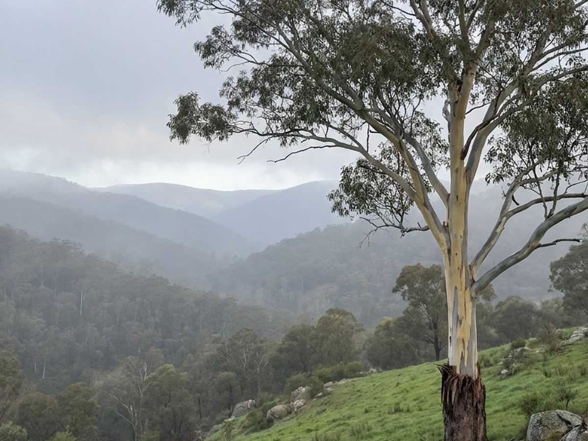 A tall SA Blue Gum with a smooth pale trunk on a misty Adelaide Hills slope