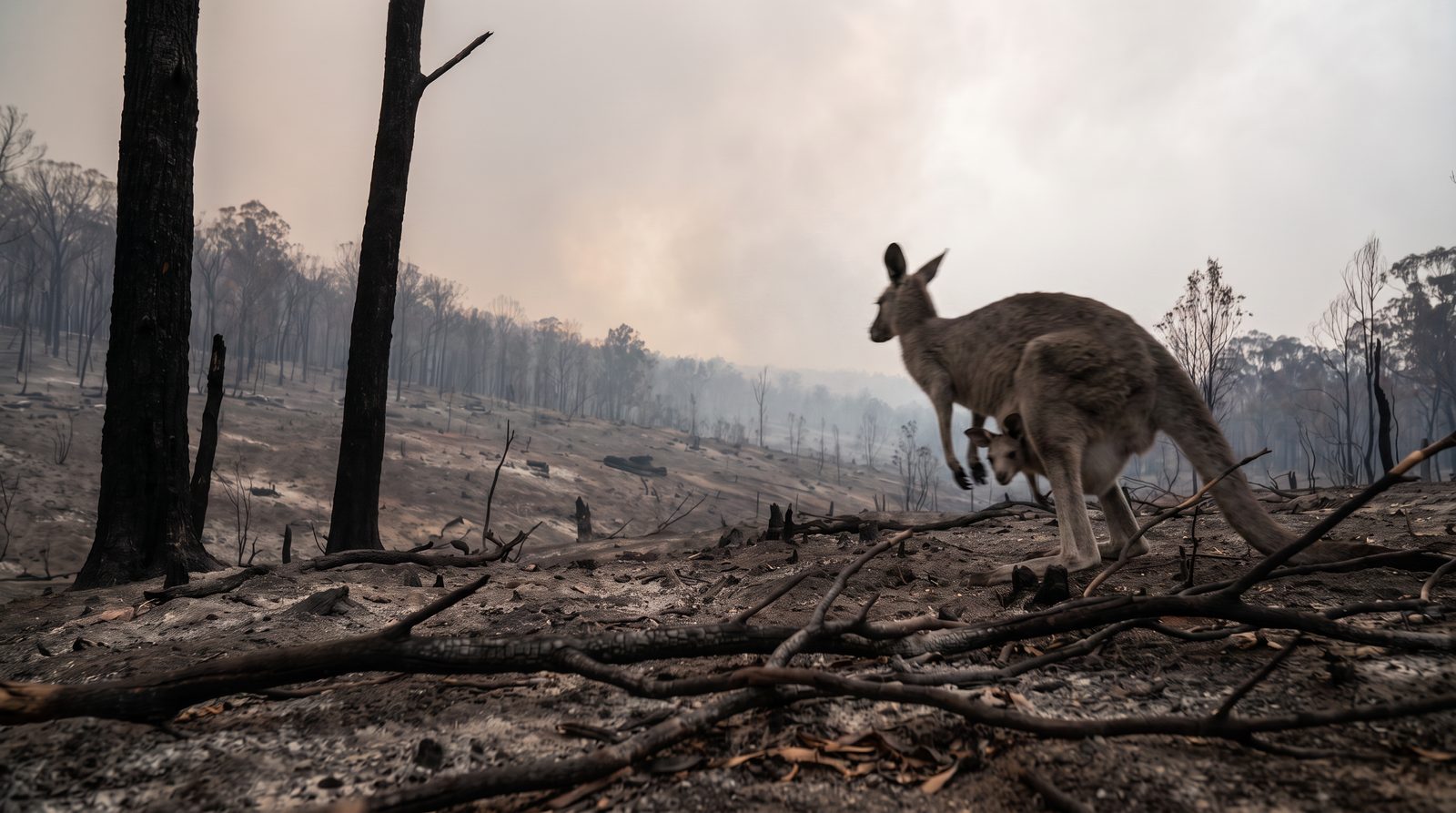 AI illustration of a kangaroo and joey on a burnt hillside after bushfire